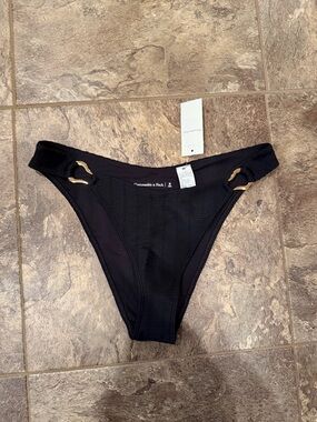 Abercrombie & Fitch Black Ribbed Bikini Bottom with Gold Ring Accents